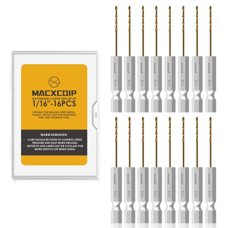 MACXCOIP Hex Shank Drill Bit Set, 16Pcs 1/16"" HSS Titanium Twist Drill Bit for Sheet Metal, Wood, Plastic, Quick Change Design - Image 1